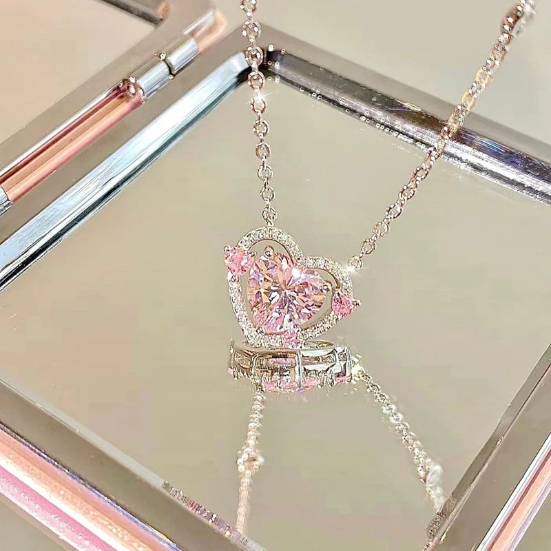 925 Sterling Silver Luxury Zircon Sweet Heart Pendant Necklaces