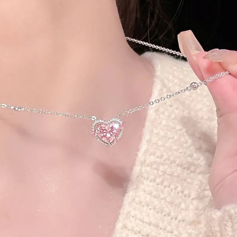 925 Sterling Silver Luxury Zircon Sweet Heart Pendant Necklaces