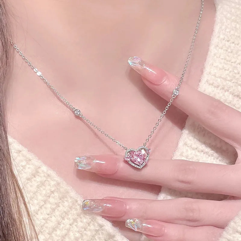 925 Sterling Silver Luxury Zircon Sweet Heart Pendant Necklaces