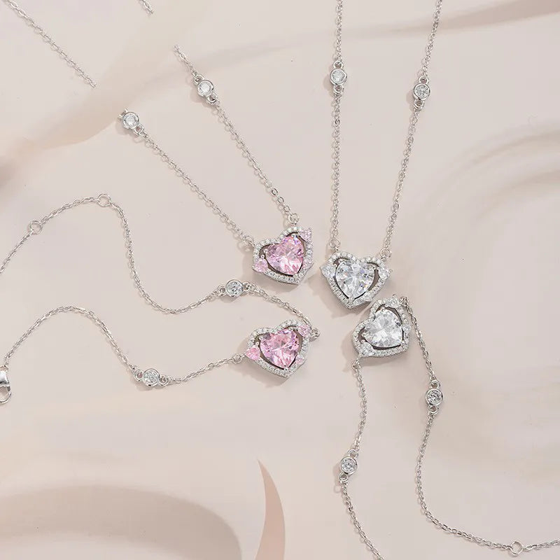 925 Sterling Silver Luxury Zircon Sweet Heart Pendant Necklaces